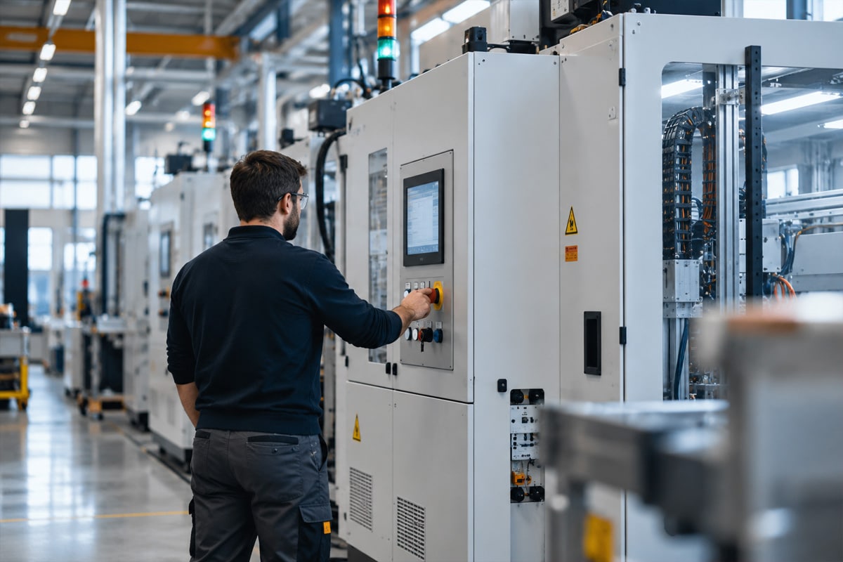 Technieker bedient een industriële machine in een productieomgeving